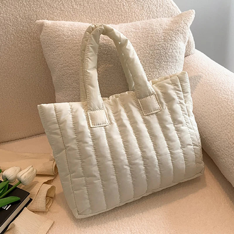 Gepolsterte Damen Tote Bag – Große Casual Schultertasche aus Baumwoll-Optik & Nylon, leicht, elegant & alltagstauglich