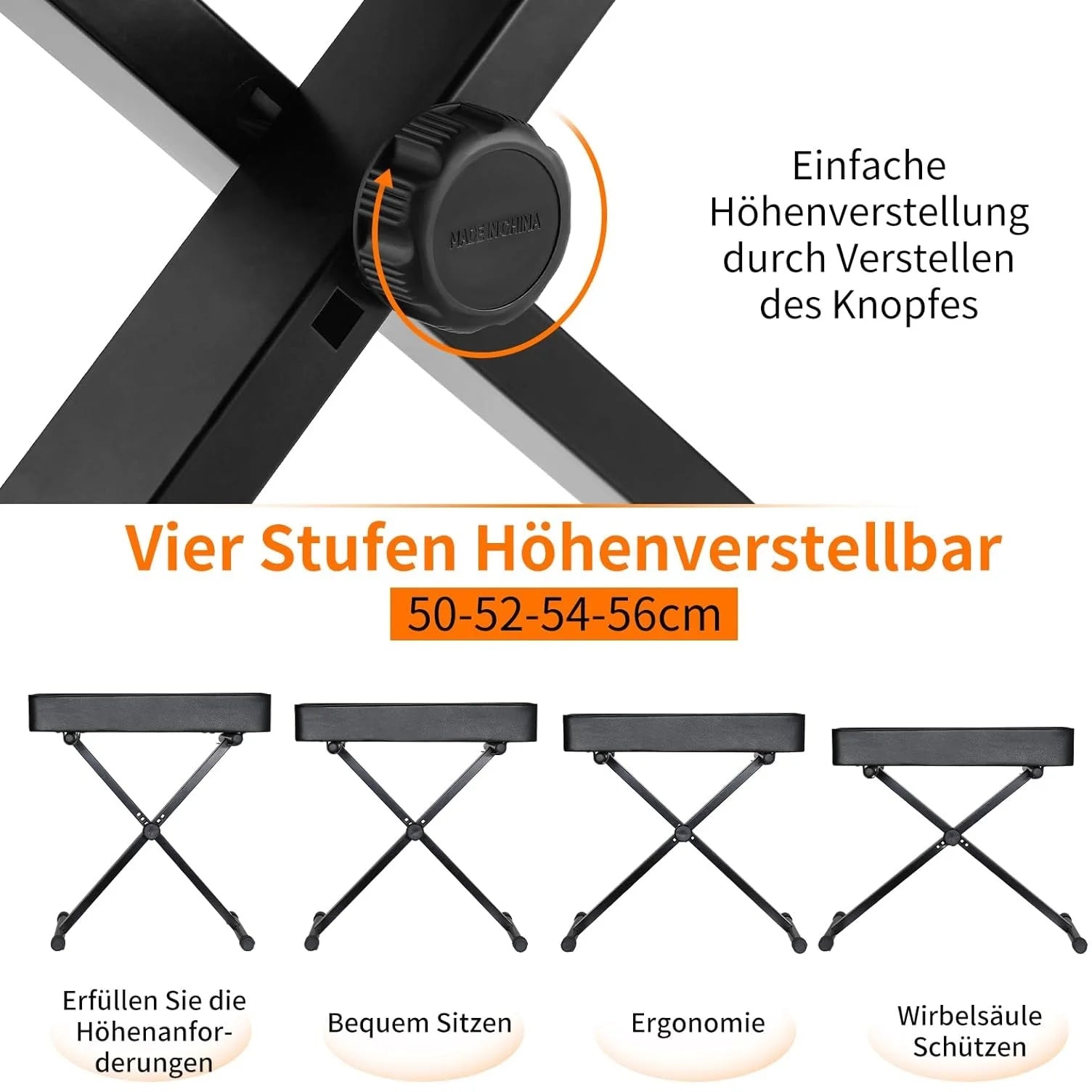 Klappbarer Klavierhocker mit 8 cm PU-Polster – Höhenverstellbarer X-Keyboard-Stuhl in Schwarz, stabil & komfortabel