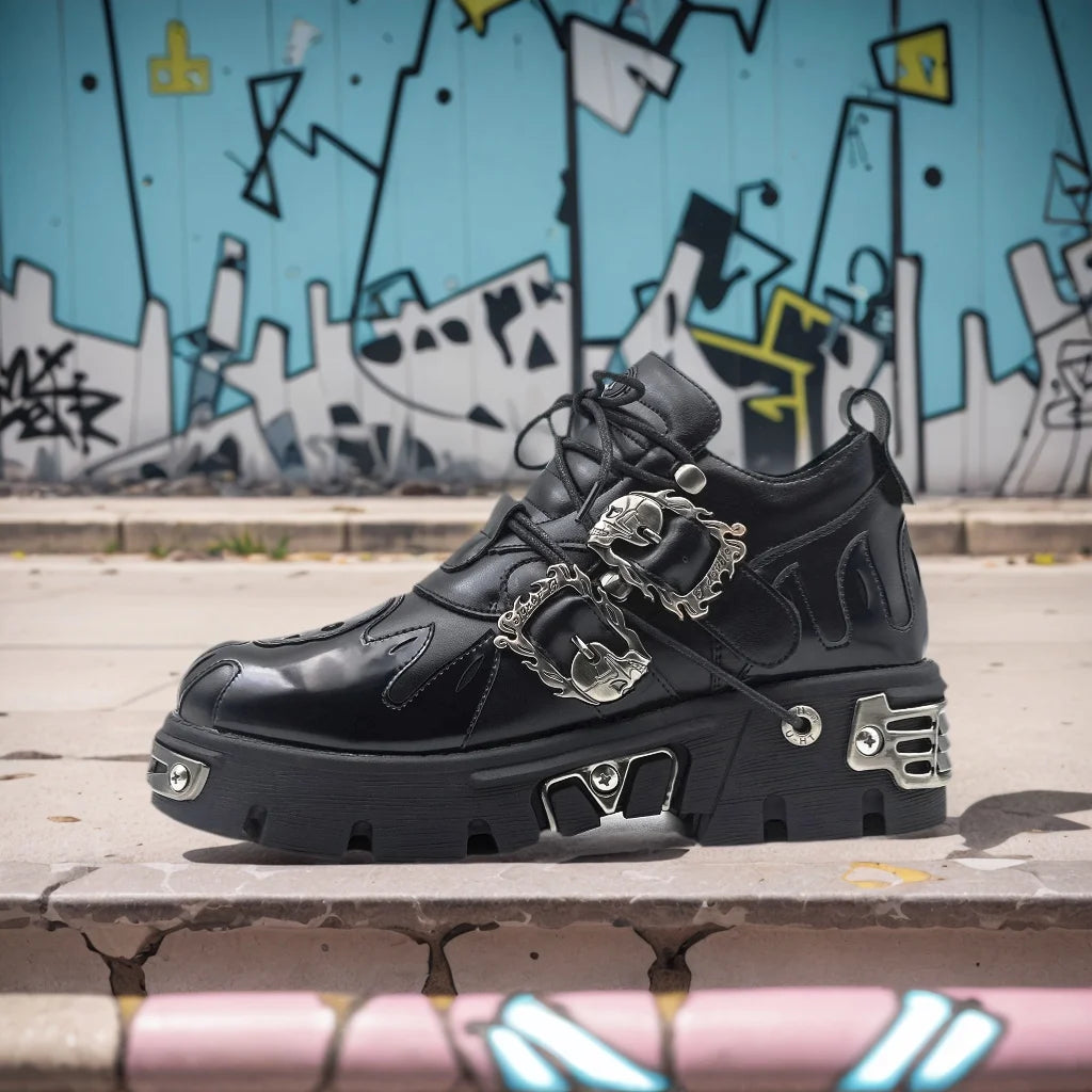 Unisex Vintage Punk Boots mit Plateau – Dunkle Rock-Stiefel im Retro-Design mit Metall-Details & Schnürung (Damen & Herren)