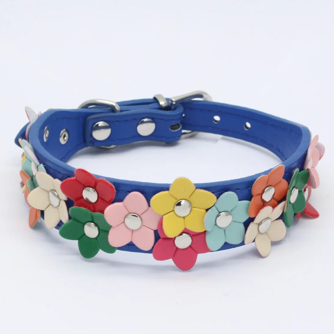 Buntes Blumen Hunde-Halsband aus Leder – Doppelreihiges Flower Pet Collar mit Schnalle für Welpen & kleine Hunde