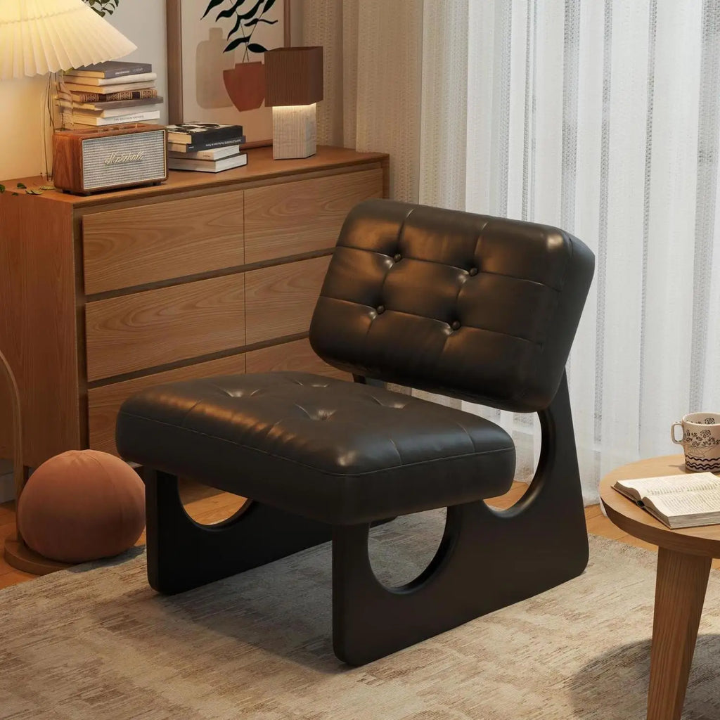 Massivholz Einzelsessel im asiatisch-nordischen Stil – Retro Akzentstuhl mit Öl-Wachs-Leder-Optik für entspanntes Wohnen