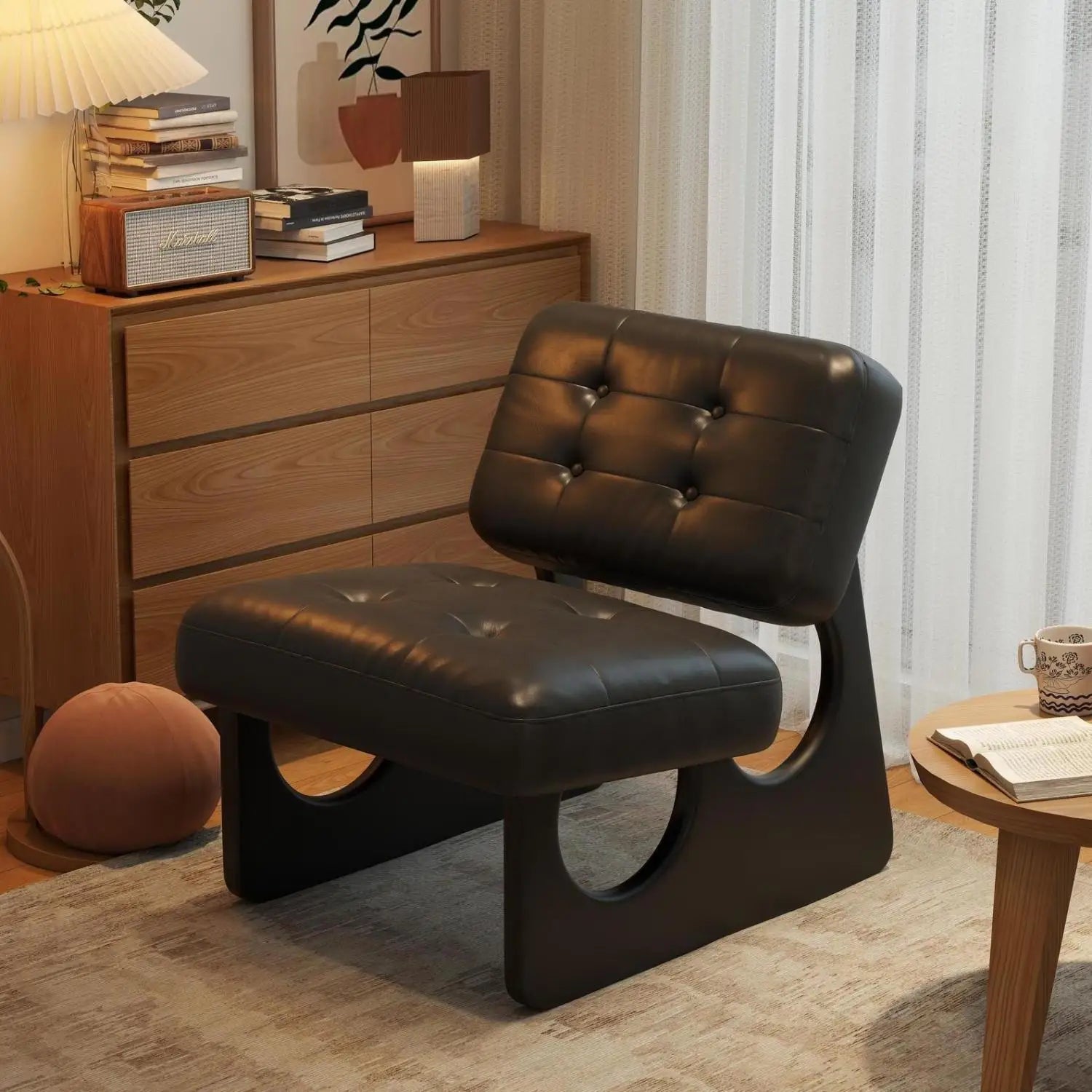 Massivholz Einzelsessel im asiatisch-nordischen Stil – Retro Akzentstuhl mit Öl-Wachs-Leder-Optik für entspanntes Wohnen