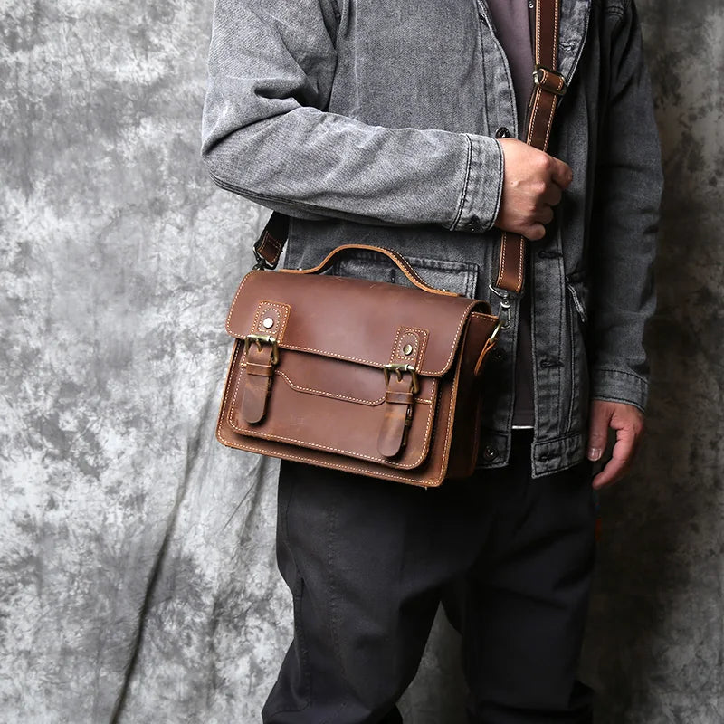 NZPJ Retro Herren Leder-Posttasche – Crazy Horse Cowhide Schultertasche für 10-Zoll iPad, Vintage Casual Handbag