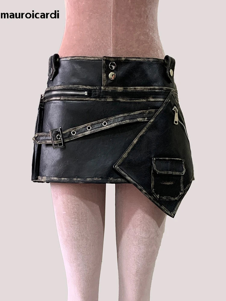 Damen PU Leder Minirock asymmetrisch – Schwarzer High-Waist Rock im Vintage Look, Distressed Emo Style für Sommer & Night-Out