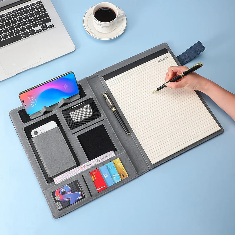 A4 Multifunktionale Business Meeting Mappe – PU-Leder Organizer für Smartphone, Karten & Notizen | Professionelle Konferenz- & Dokumentenmappe