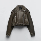 Damen Oversized Vintage PU Lederjacke – Kurze Biker Kunstlederjacke mit Gürtel & Reißverschluss, lässige Streetwear Moto Jacke