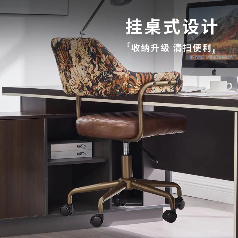 Retro Bürostuhl aus braunem Leder & Stoff – Höhenverstellbarer Drehstuhl mit Rollen und Armlehnen für Home Office & Arbeitszimmer