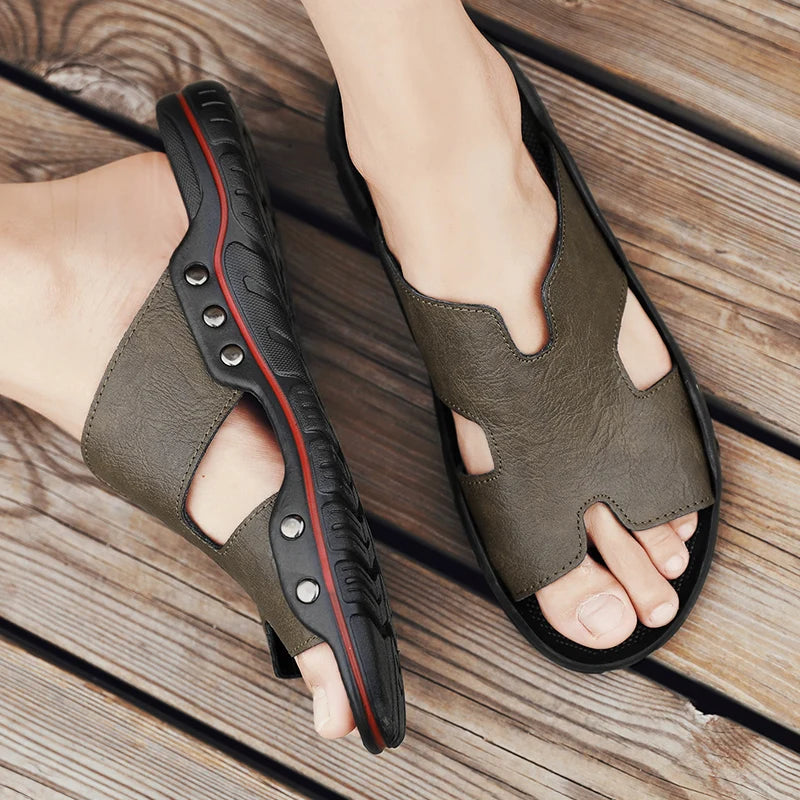 Herren Sommer Slipper aus echtem Leder – Atmungsaktive Clogs & Slides mit rutschfester Sohle, Bequeme Beach- & Outdoor-Sandalen in großen Größen