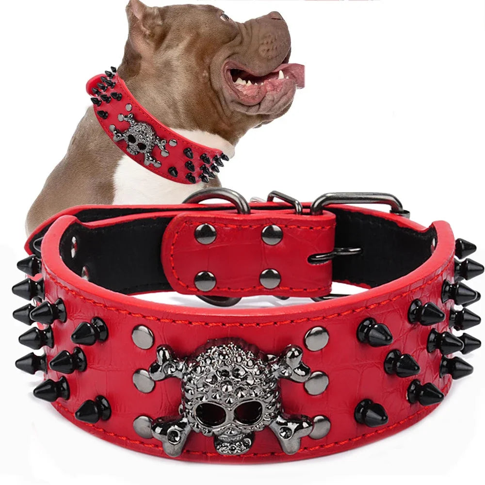 Totenkopf Spikes Leder Hundehalsband – Nieten & Stacheln, verstellbar, Anti-Biss Halsband für mittelgroße & große Hunde