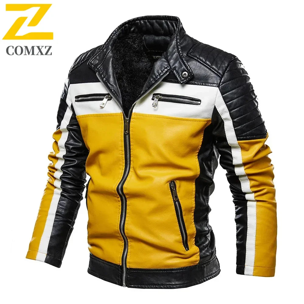 Chaqueta de cuero sintético amarillo para hombre, chaqueta de motociclista con parches, abrigo informal con cremallera, chaqueta de motociclista ajustada con forro de piel