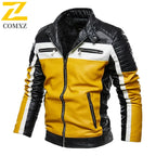 Chaqueta de cuero sintético amarillo para hombre, chaqueta de motociclista con parches, abrigo informal con cremallera, chaqueta de motociclista ajustada con forro de piel