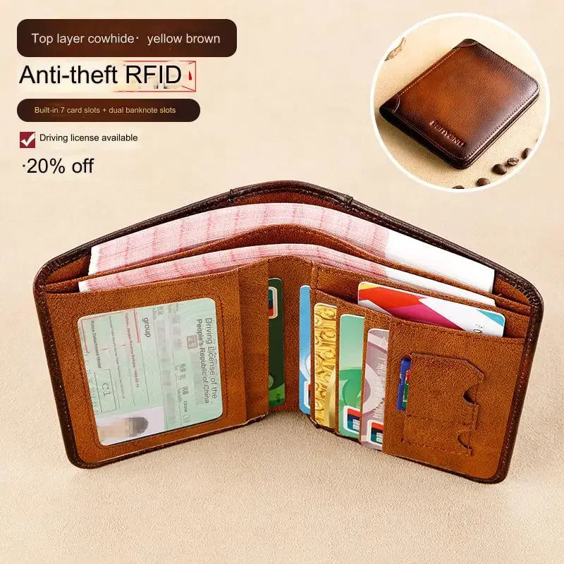 Herren Geldbörse aus Echtleder – RFID-Trifold Wallet mit Kreditkartenfächern und ID-Fenster