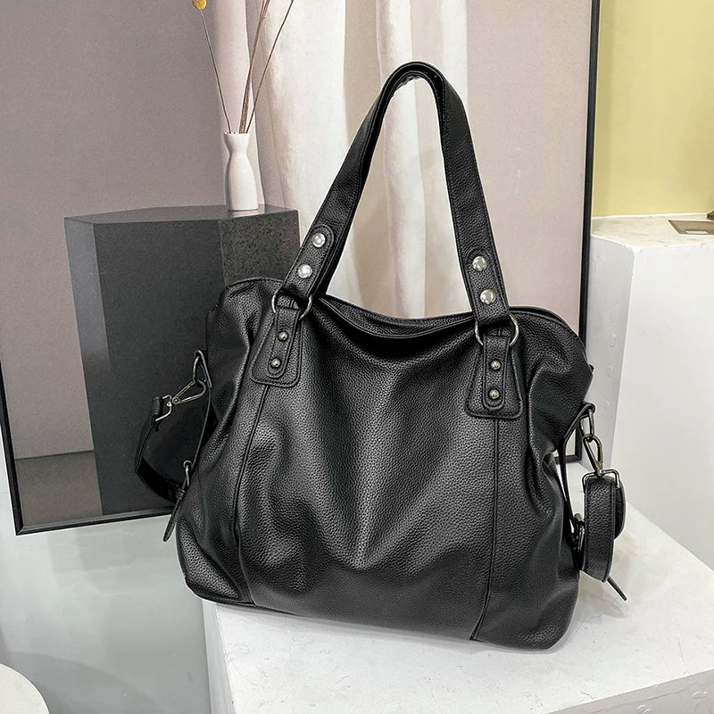 Damen Retro Schultertasche en PU-Leder – Gros noir Commuter Tote Bag, classique et luxueux, aussi comme sac à bandoulière