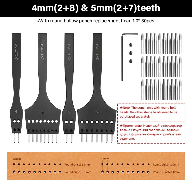 WUTA 3G Plancha para pinchar cuero con Wechselkopf – Professionelles Lederlochwerkzeug aus 4Cr13 Stahl, Austauschbare Chisel- &amp; Punch-Köpfe para bricolaje Lederarbeiten 