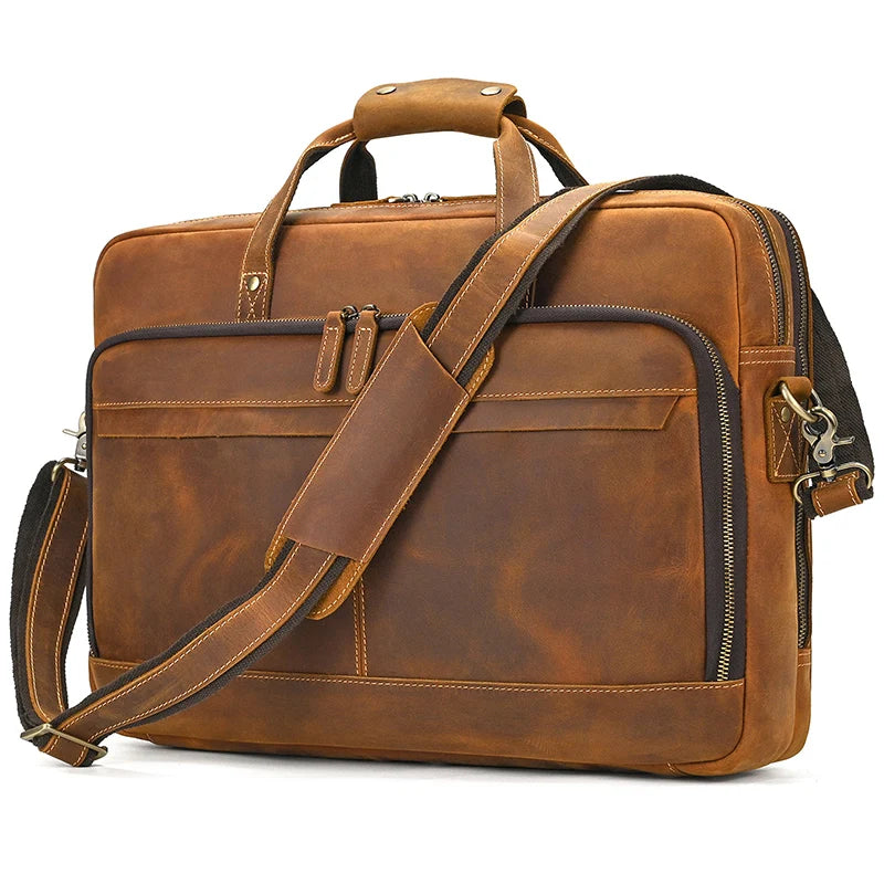 Luufan Herren Leder-Aktentasche - Maletín de cuero Vintage Crazy Horse para portátil de 15,6", bolso bandolera grande para negocios