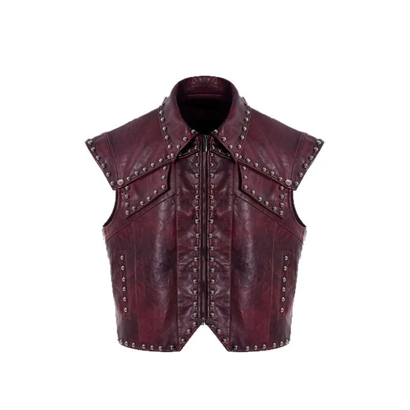 Herren High Street Leder Biker Weste mit Nieten – Punk Style Motorrad Weste, ärmellos mit Reißverschluss & Umlegekragen