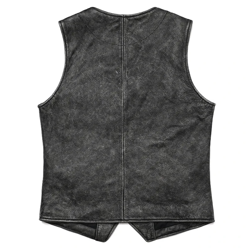 Chaleco vintage de piel auténtica de Gery para hombre, ropa de trabajo de piel de vaca natural, chaqueta ajustada sin mangas estilo safari. 