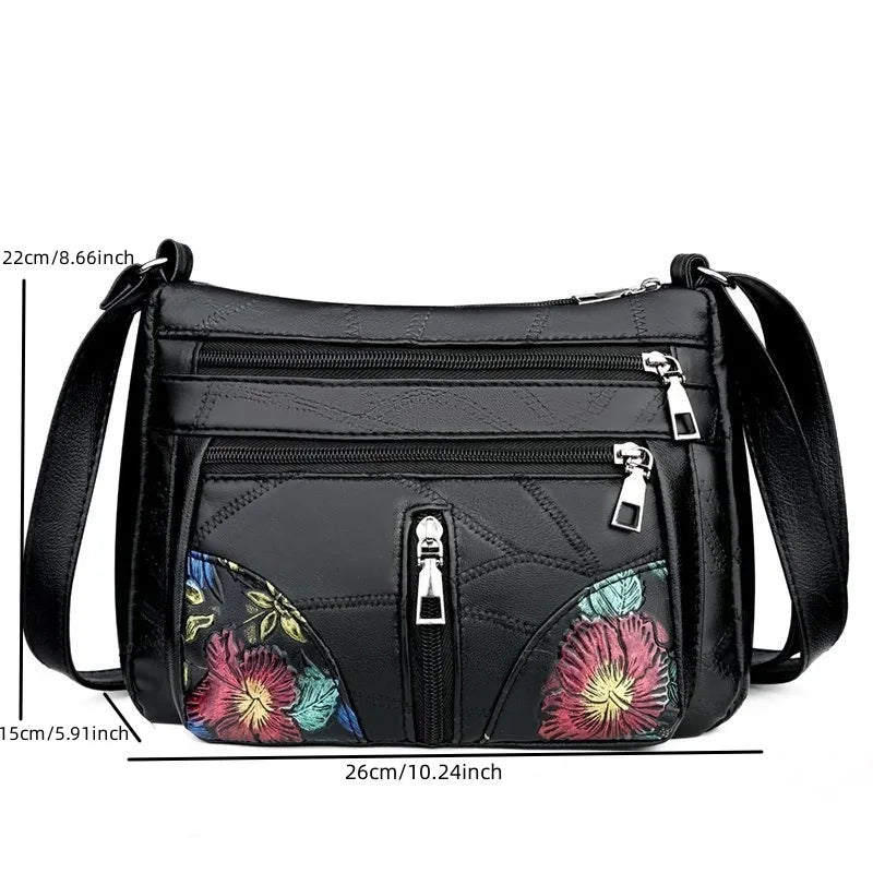 Damen PU-Leder Crossbody Bag – Luxus Schultertasche mit Blumenmotiv, Multifach & Alltagstauglich