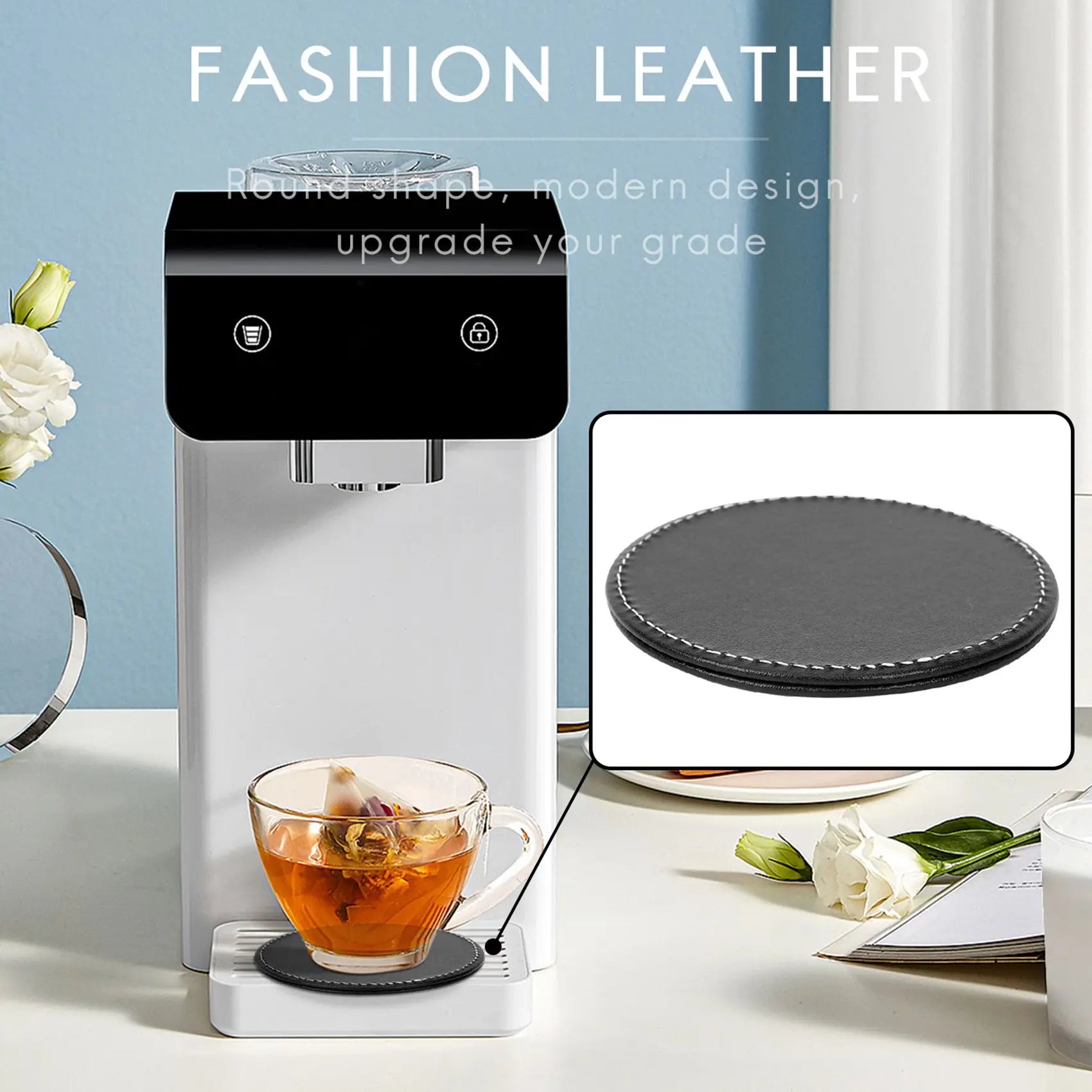 MLGB Set mit 6 schwarzen Getränkeuntersetzern aus PU-Leder – Runde, hitzebeständige Coaster mit Halter für Zuhause & Küche