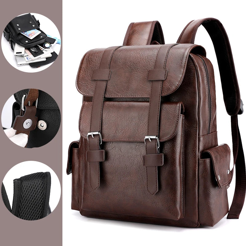 2023 Herren PU-Leder Rucksack – Großer Laptop-Rucksack für Schule, Freizeit & Teenager, Schwarz & Braun, Casual Backpack