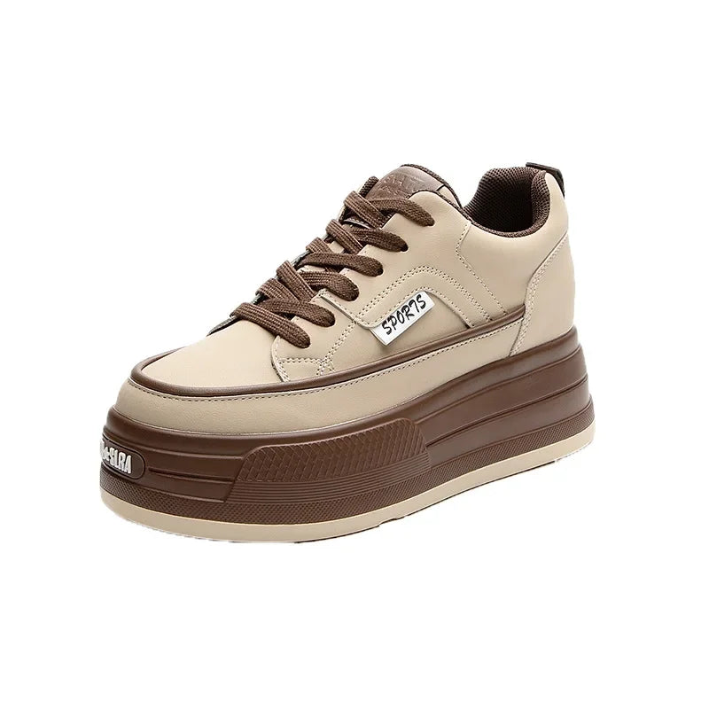 Damen Leder Plateau Sneaker 7 cm – Keilabsatz Schuhe aus echtem Leder für Herbst & Winter, modische Wedge Sneakers