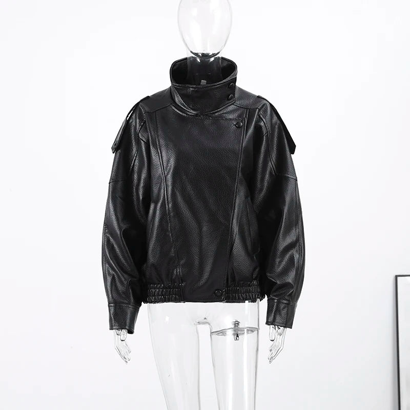 Vintage Damen Lederjacke Kurz – Lässige Highstreet Jacke mit Reißverschluss, Kapuze & Schnürdetails für Herbst & Winter