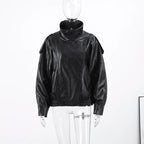 Vintage Damen Lederjacke Kurz – Lässige Highstreet Jacke mit Reißverschluss, Kapuze & Schnürdetails für Herbst & Winter