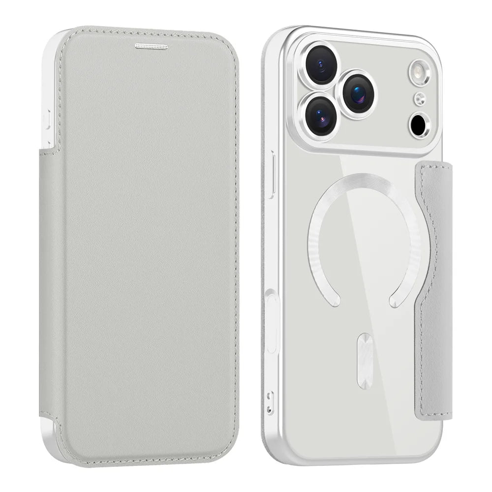 Luxus Transparentes Flip Leder Wallet Case mit MagSafe – Magnetische iPhone Hülle mit Kartenfach & Standfunktion für iPhone 11 bis 17 Pro Max