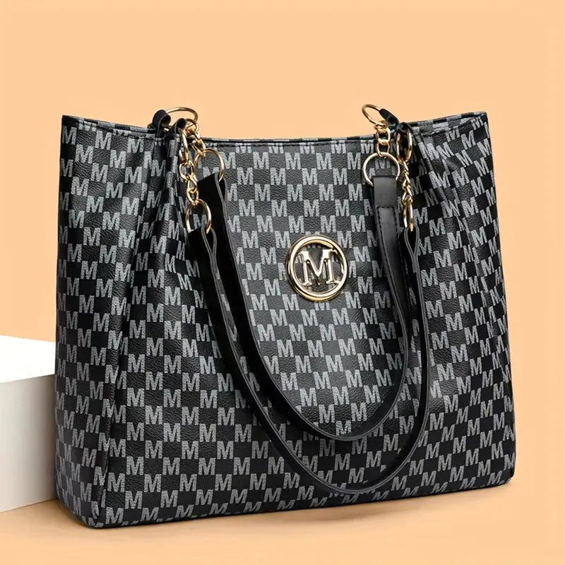 Vintage Geometrische Damen Tote Bag aus Kunstleder – Schultertasche mit Letter „M“ Design, große Shopping- & Reisetasche