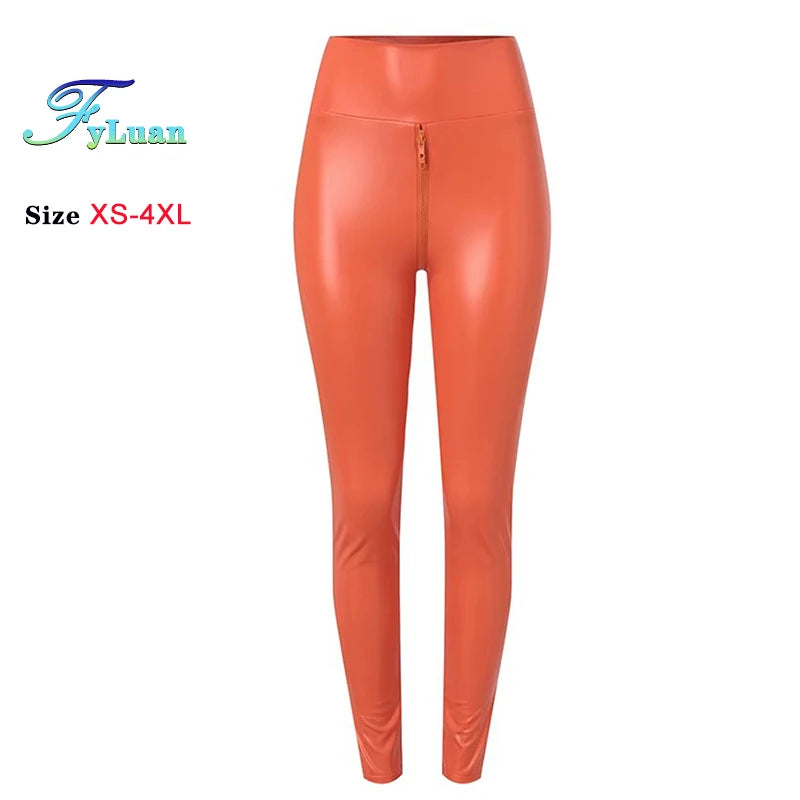 Dames PU Lederleggings Taille Haute – Mat Push-Up Leggings mit Doppelreißverschluss, Stretch &amp; Knöchellänge 