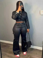 PU Leder Damen Hosenanzug – Einfarbiger Blazer mit Revers & Gerade Hose, minimalistisches 2-teiliges Set für Herbst & Winter