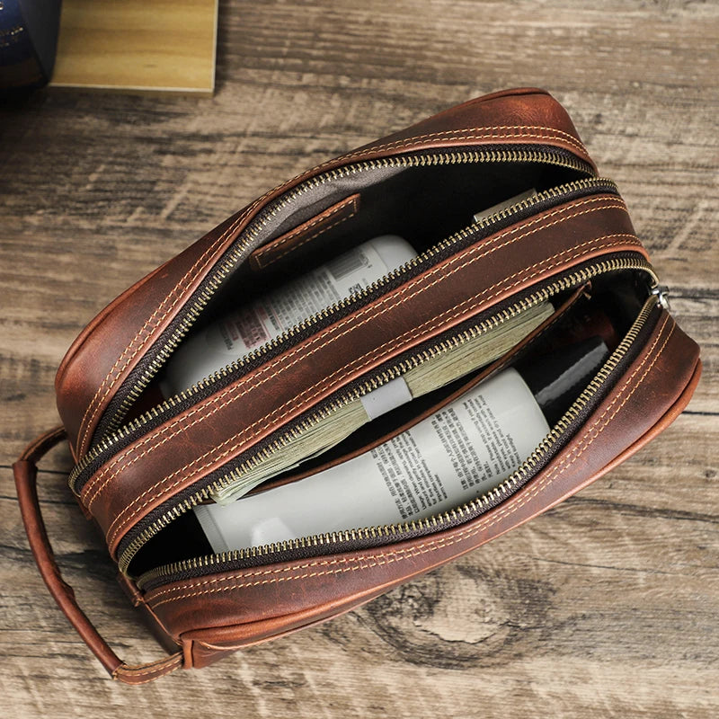 Crazy Horse Leder Kulturbeutel für Herren – Vintage Reisekosmetiktasche aus echtem Rindsleder mit mehreren Reißverschlussfächern