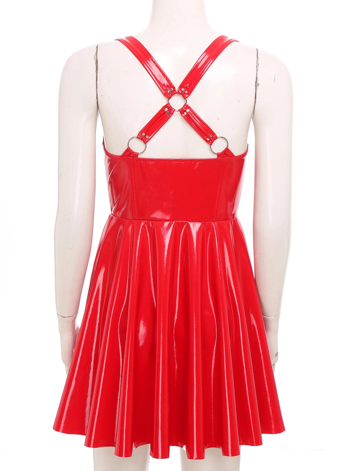 Gothic Punk Wet-Look PU-Leder Kleid – Ärmelloses Bodycon Clubkleid mit Front-Zipper, Cut-Out Cups & asymmetrischer A-Linie