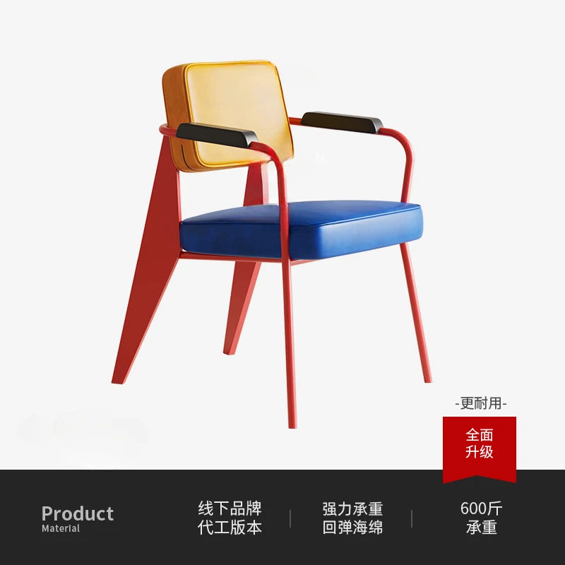 Memphis Style Designer-Lederstuhl mit Armlehnen – Moderner italienischer Retro Esszimmer- & Wohnzimmerstuhl mit Rückenlehne und Metallgestell