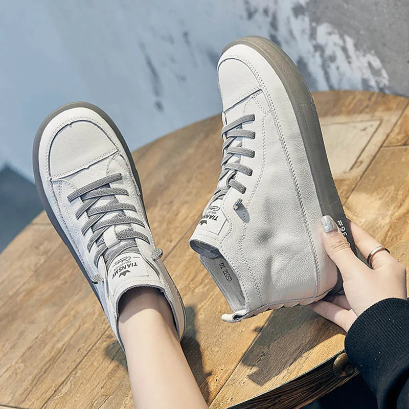 Damen High-Top Sneaker aus echtem Leder – Schnürschuhe aus Rindsleder mit vulkanisierter Sohle, komfortable Casual Sneakers für Frühjahr & Herbst