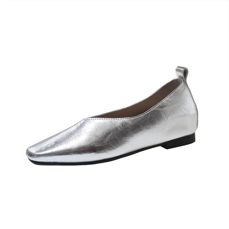 XINGDIKU Damen Loafers 2025 – Luxus Mary Jane Flats aus echtem Leder mit quadratischer Zehenpartie, Gold- und Silberakzenten, Elegante Büro- und Freizeitschuhe