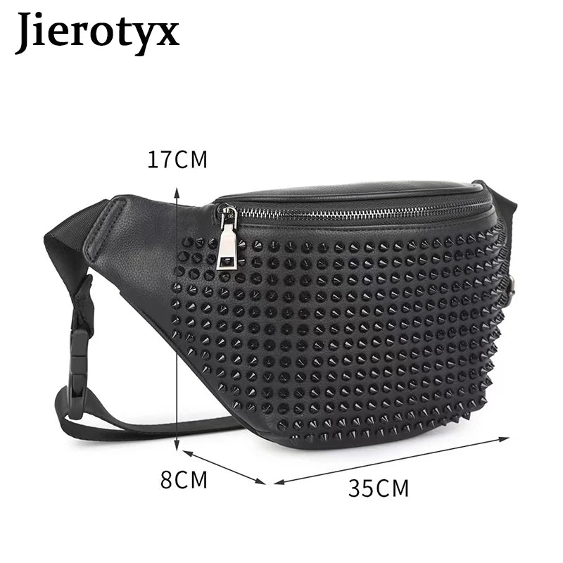 JIEROTYX Damen Gürteltasche – Vintage PU-Leder Fanny Pack mit Nieten, Hüft- & Chest Bag im Gothic Style