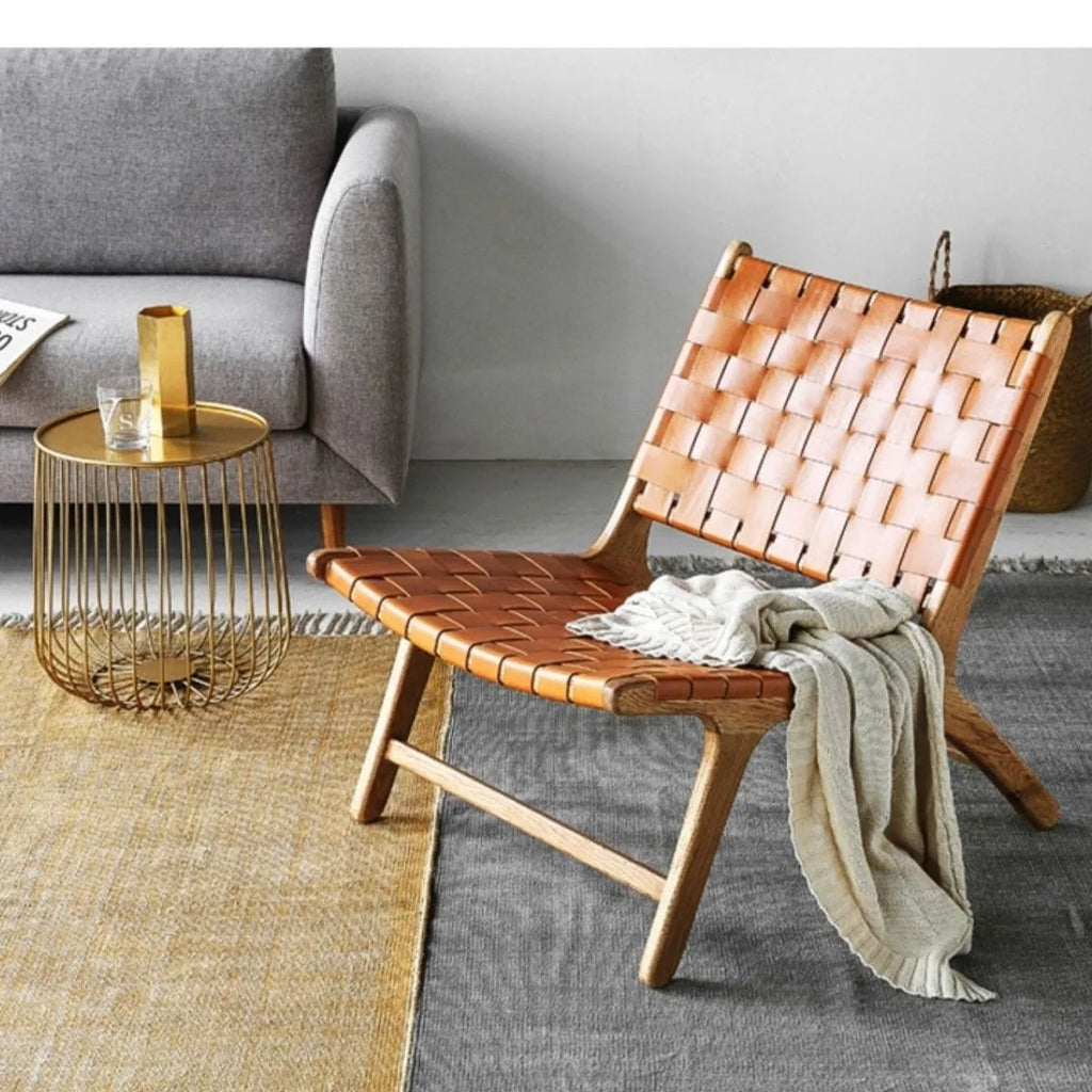 Sattel-Lounge Chair aus Eiche &amp; Rattan – Hochwertiger Freizeitstuhl mit Lederoptik für Balkon, Wohnzimmer &amp; Leisure Area