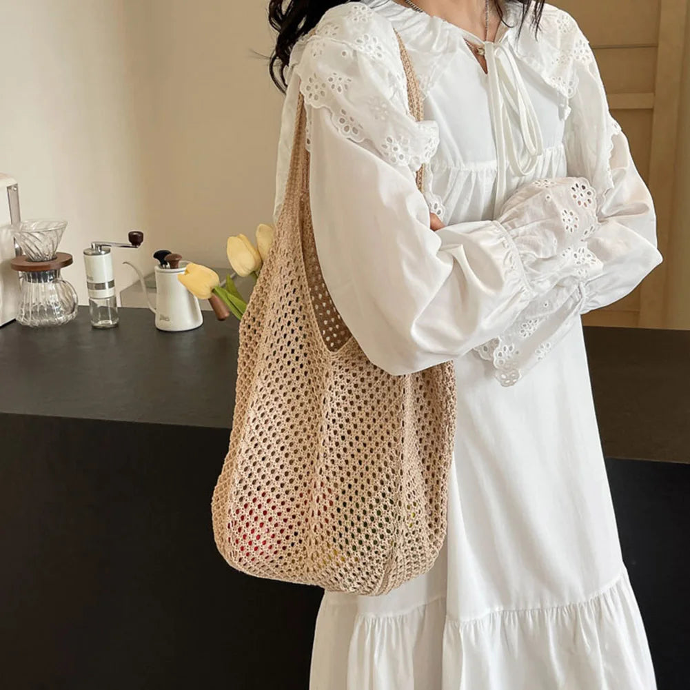 Damen Strick-Schultertasche – Große Hobo Bag aus gehäkeltem Mesh für Sommer, Strand & Alltag
