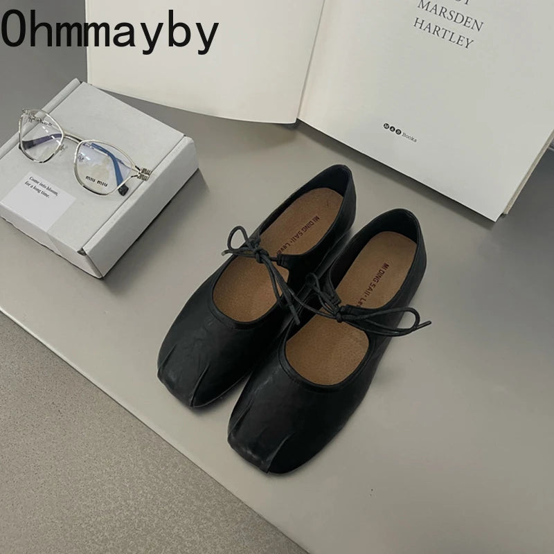 ohmmayby ​​Damen Ballerina Flats 2025 – Frühling Mary Jane Schuhe mit Butterfly-Knoten, Bequeme Leder Flats for Party et Alltag 