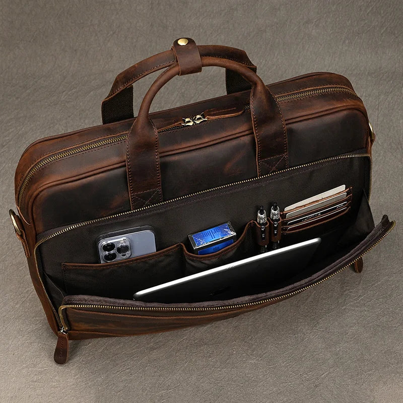 Luufan Herren Leder-Aktentasche - Maletín de cuero Vintage Crazy Horse para portátil de 15,6", bolso bandolera grande para negocios