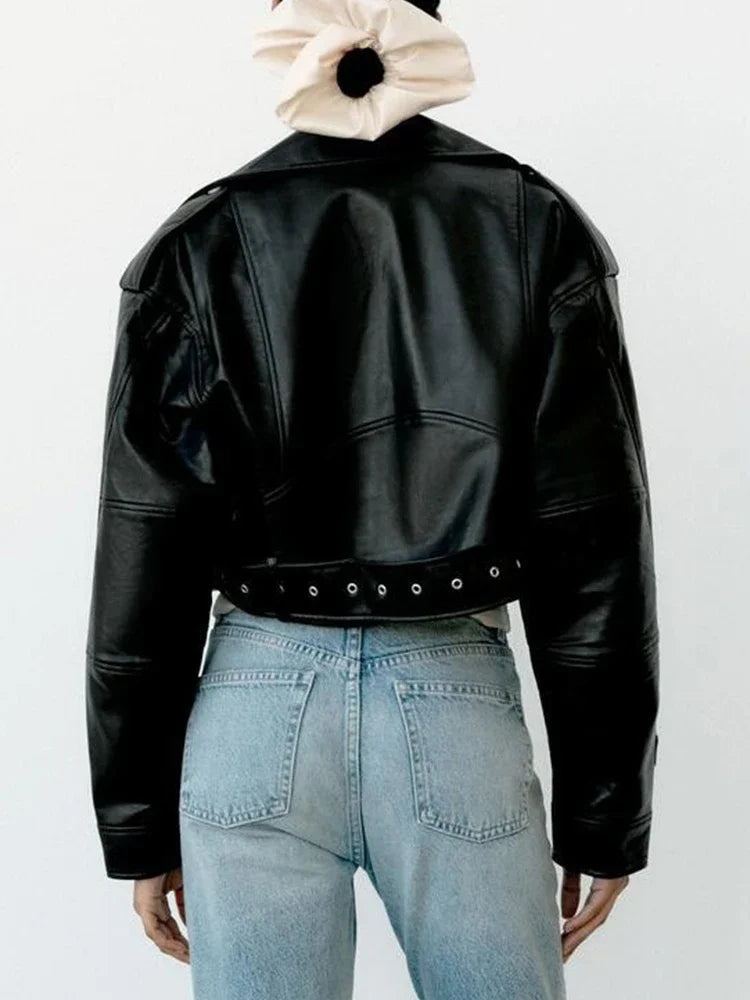 Damen Oversized PU Lederjacke Vintage – Kurze Bikerjacke mit Gürtel & Reißverschluss, Retro Streetwear Look
