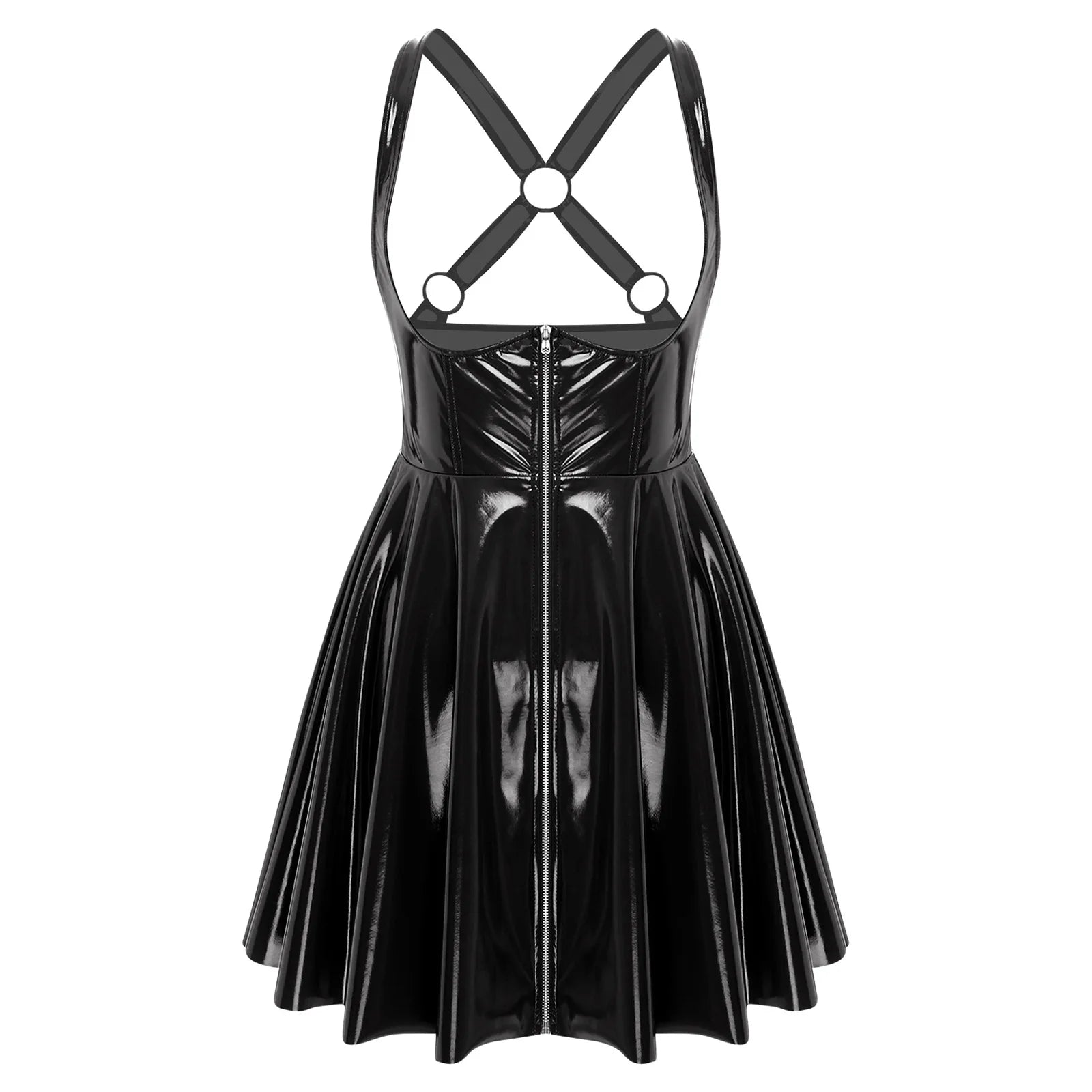 Gothic Punk Wet-Look PU-Leder Kleid – Ärmelloses Bodycon Clubkleid mit Front-Zipper, Cut-Out Cups & asymmetrischer A-Linie