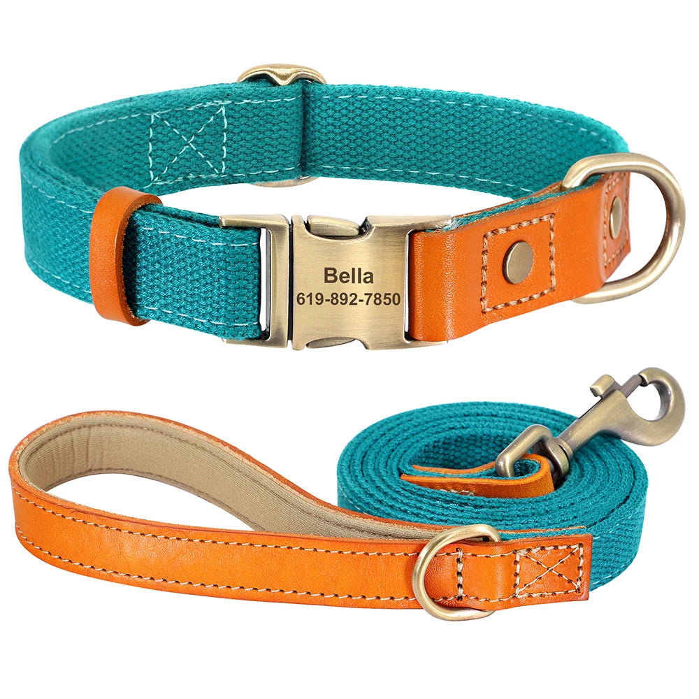 Personalisiertes Hunde-Halsband & Leinen-Set aus Nylon & Echtleder – Graviertes ID-Halsband mit 5ft Führleine für kleine, mittlere & große Hunde