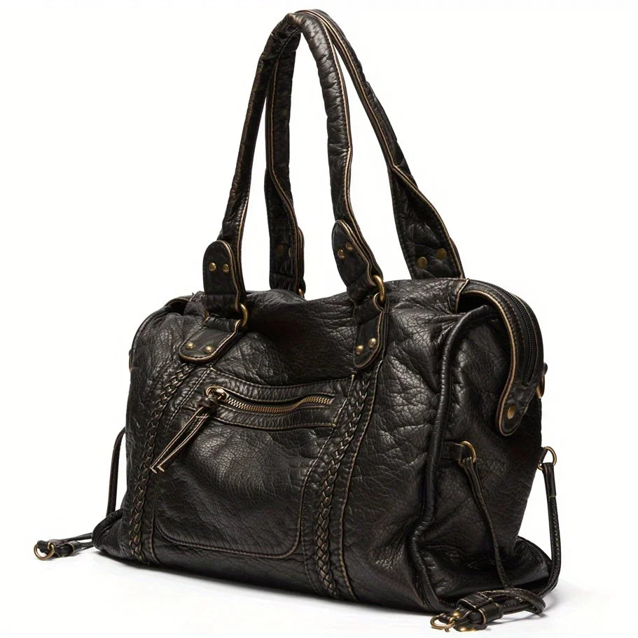 Bolso retro de cuero PU para estudiantes y mensajeros – Bolso grande Y2K para motocicletas y etiquetas
