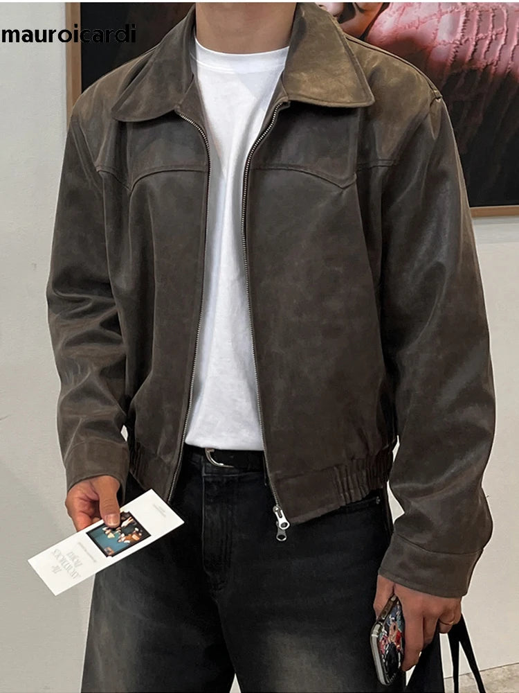 Vintage Herren PU-Lederjacke in Braun – Leichte, gewaschene Kurzjacke im Korean Style mit Reißverschluss für Frühling & Herbst