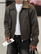 Vintage Herren PU-Lederjacke in Braun – Leichte, gewaschene Kurzjacke im Korean Style mit Reißverschluss für Frühling & Herbst
