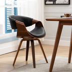 Esszimmerstuhl mit geschwungener Rückenlehne de mediados de siglo – Gepolsterter Armlehnenstuhl aus Stoff oder Kunstleder mit Holzbeinen, silla decorativa más moderna 