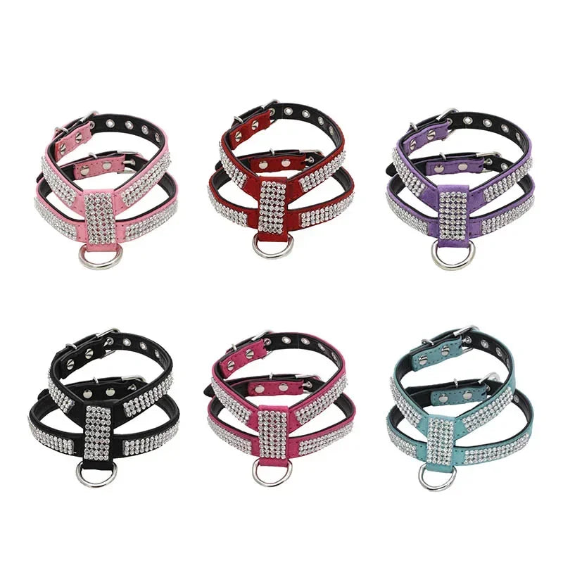 Verstellbares Hunde-Geschirr mit Strass – K-förmiges Bling Harness aus PU-Leder mit Schnellverschluss para pequeños perros y gatos 