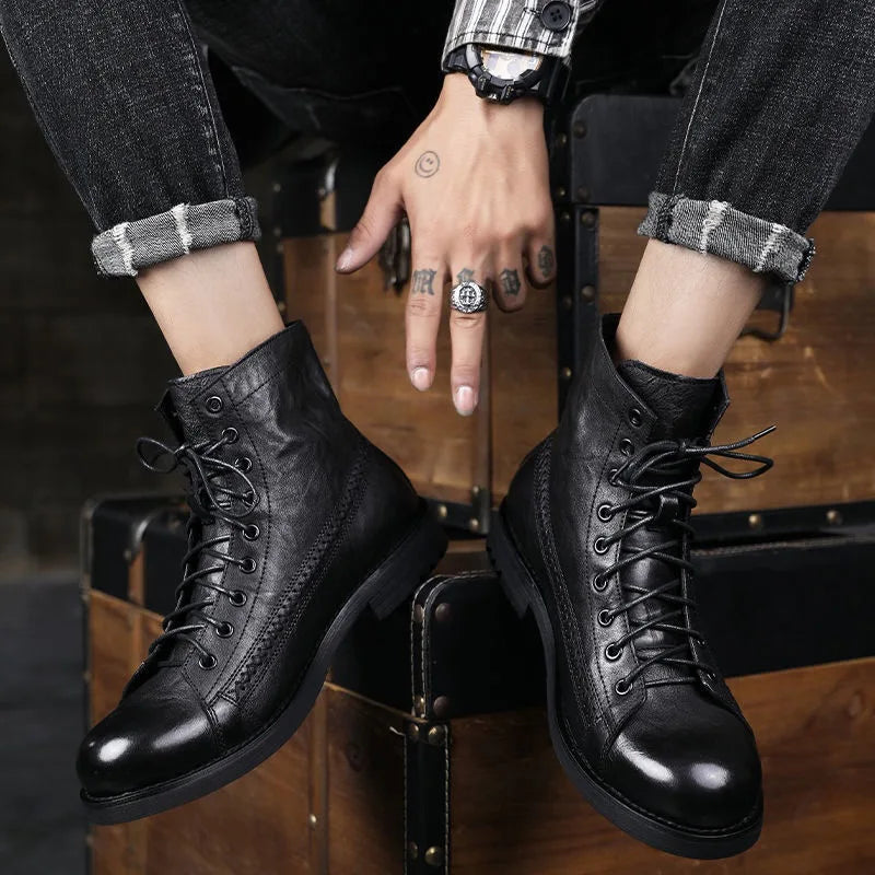COZOK Herren Vintage Work Boots – Hochwertige Ankle Boots aus Lederimitat, British Style, Retro Plattform-Schuhe
